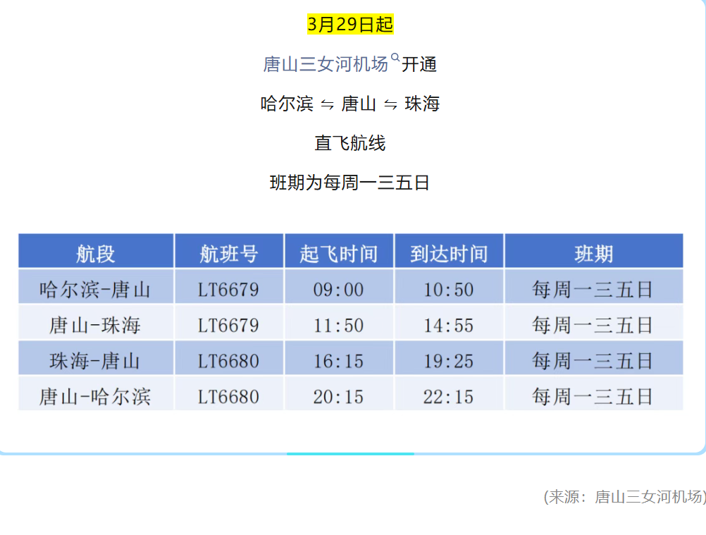 唐山机场开通新航线！